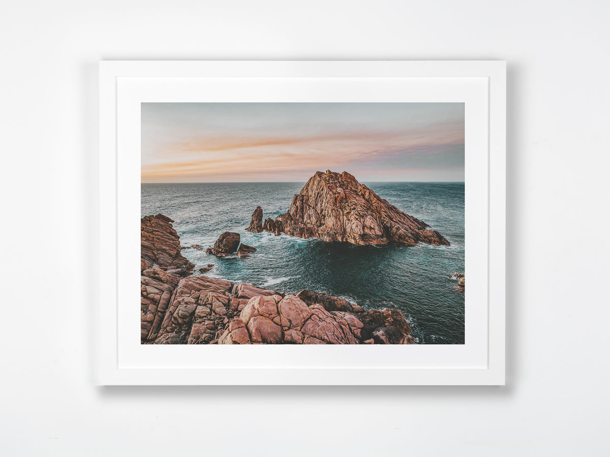 Sugarloaf Rock, Cape Naturaliste, Margaret River Region, WA. Aerial photography print by Salty Wings in a white Classic Frame, landscape (SW2402)