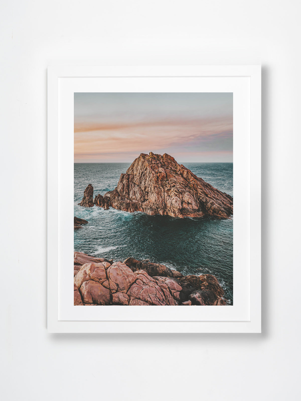 Sugarloaf Rock, Cape Naturaliste, Margaret River Region, WA. Aerial photography print by Salty Wings in a white Classic Frame, portrait (SW2402)
