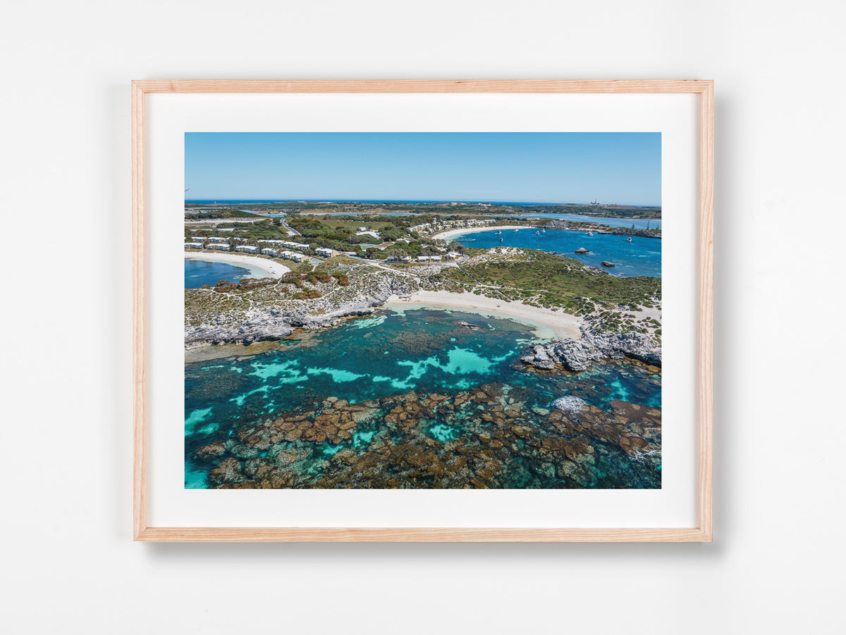 Fays Bay, Rottnest Island, Perth, WA. Aerial photography print by Salty Wings in a Raw Oak Deep Set Frame, landscape (SW2436)
