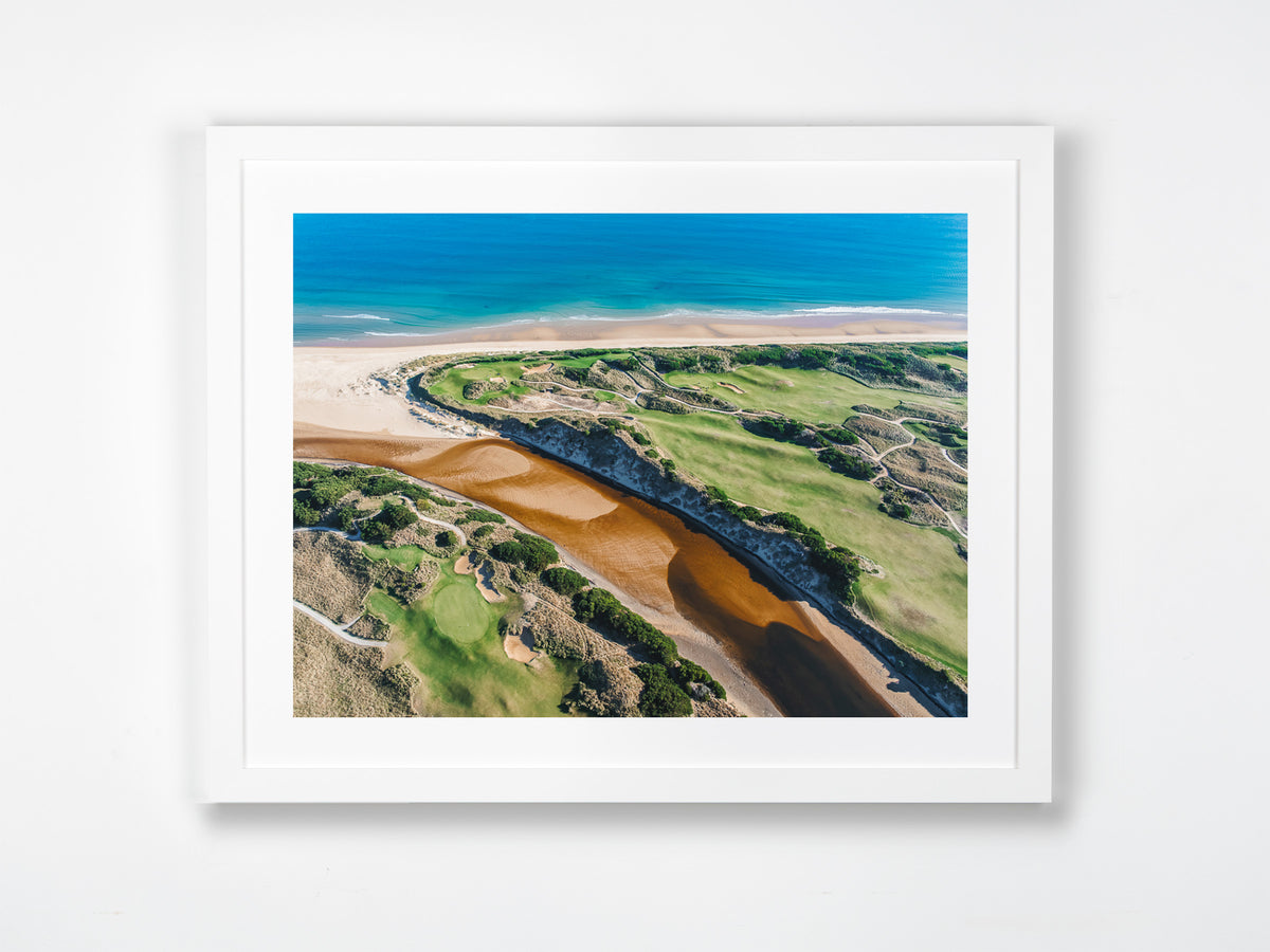 Barnbougle, Bridport, North-East Tasmania, TAS. Aerial photography print by Salty Wings in a white Classic Frame, landscape (SW2460)