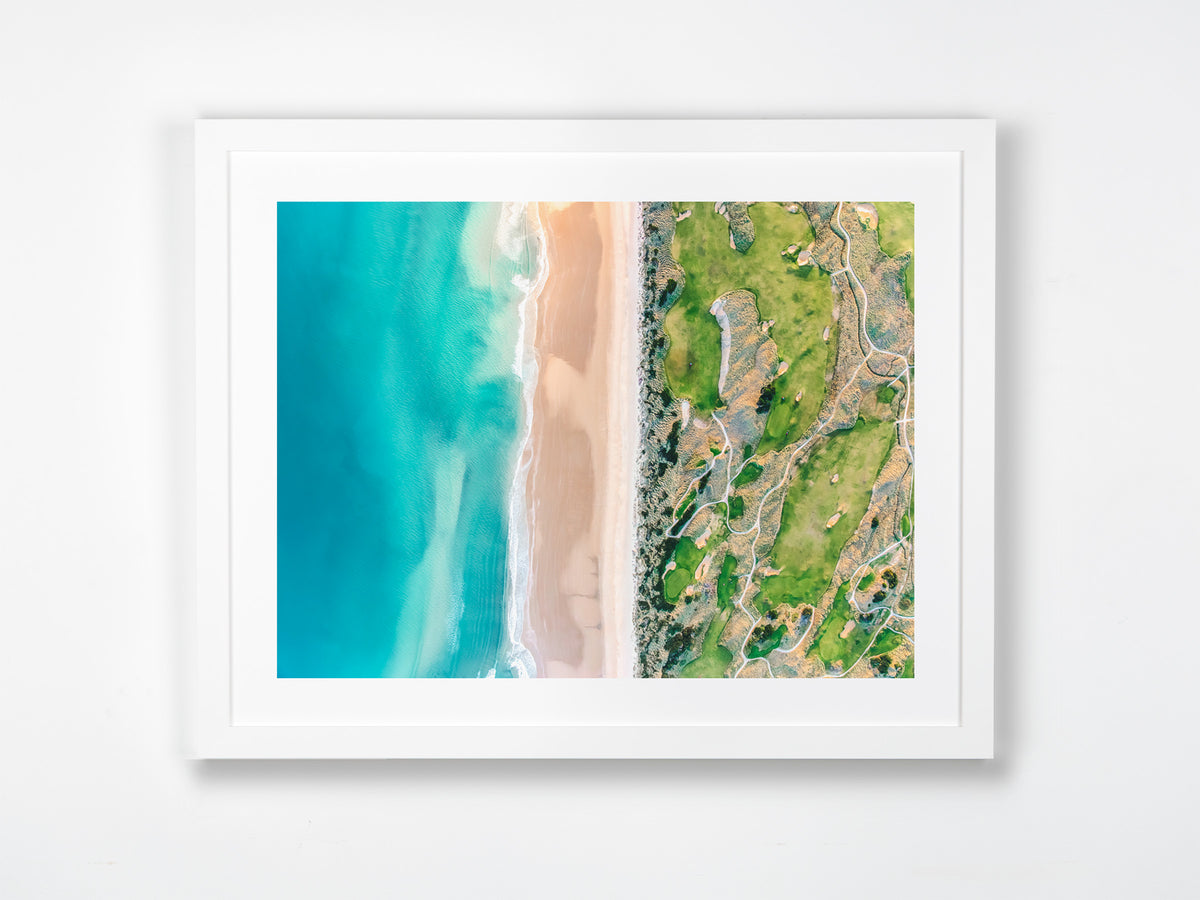 Barnbougle, Bridport, North-East Tasmania, TAS. Aerial photography print by Salty Wings in a white Classic Frame, landscape (SW2461)