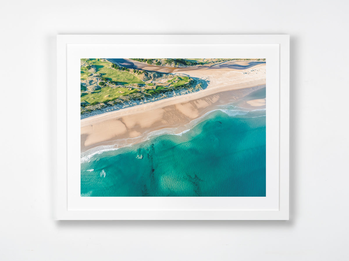 Barnbougle, Bridport, North-East Tasmania, TAS. Aerial photography print by Salty Wings in a white Classic Frame, landscape (SW2472)