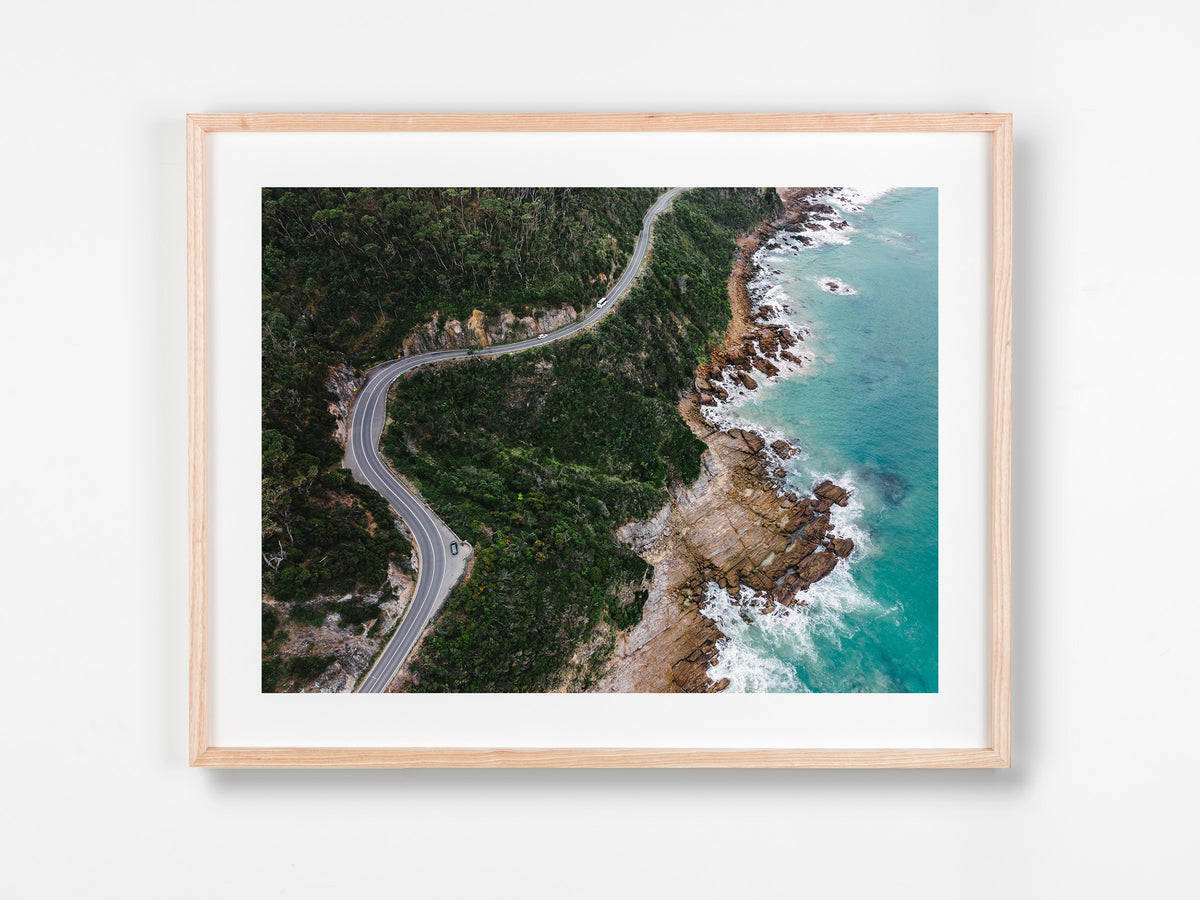 Great Ocean Road, Lorne, VIC. Aerial photography print by Salty Wings in a Raw Oak Deep Set Frame, landscape (SW2495)