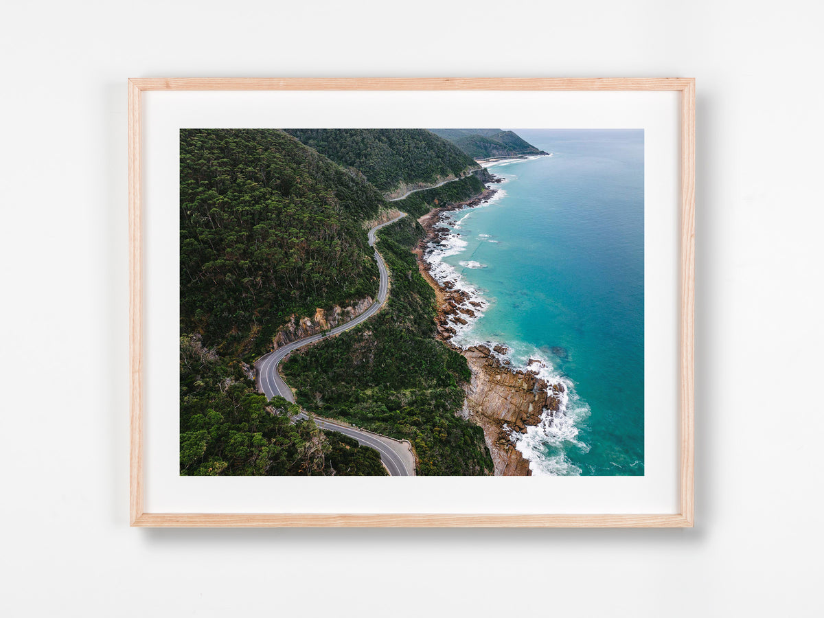 Great Ocean Road, Lorne, VIC. Aerial photography print by Salty Wings in a Raw Oak Deep Set Frame, landscape (SW2496)