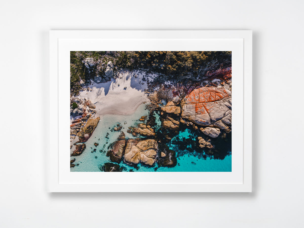 Bay of Fires, East Coast, TAS. Aerial photography print by Salty Wings in a white Classic Frame, landscape (SW2515)