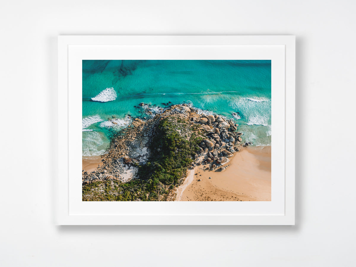 Whisky Bay, Wilsons Prom, VIC. Aerial photography print by Salty Wings in a white Classic Frame, landscape (SW2516)