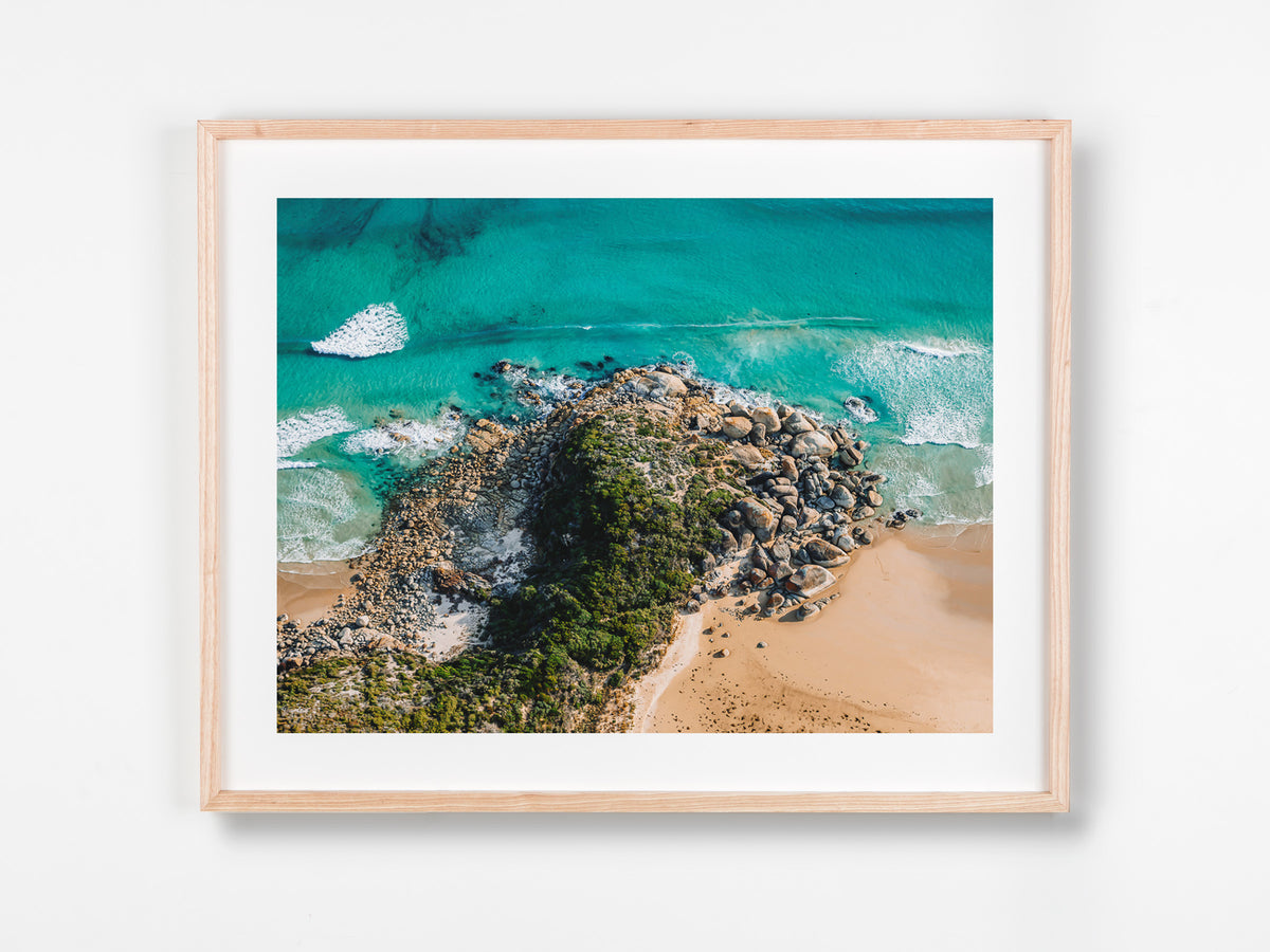 Whisky Bay, Wilsons Prom, VIC. Aerial photography print by Salty Wings in a Raw Oak Deep Set Frame, landscape (SW2516)